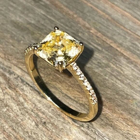18k Gold Studded Band w Pale Yellow CZ Stone Ring - Picture 1 of 14
